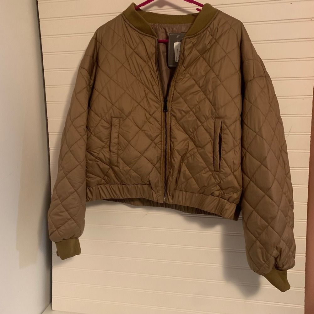 Quilted Bomber Jacket Women's Size L Beige‎ Polyester Casual Outerwear Large
